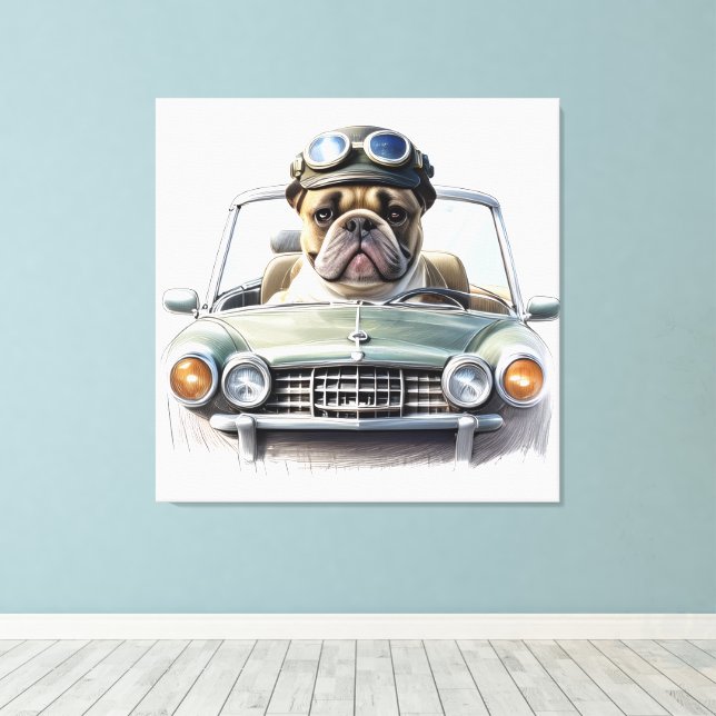 Französische Bulldogge Sportwagen French Bulldog Leinwanddruck (Insitu (Holzboden))