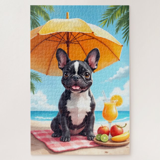 Französische Bulldogge Strandentspannungsszene Puzzle (Vertikal)