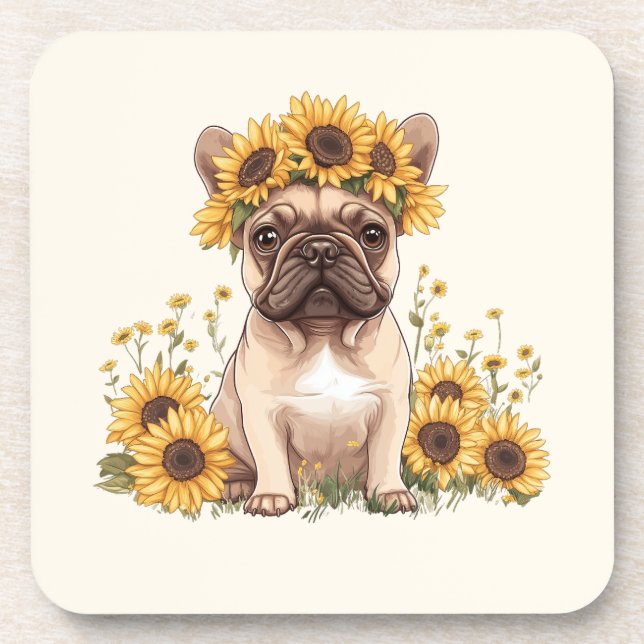 Französische Bulldogge umgeben von Sonnenblumen Getränkeuntersetzer (Vorderseite)