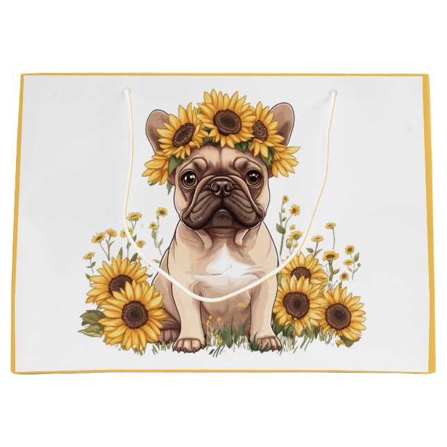 Französische Bulldogge umgeben von Sonnenblumen Große Geschenktüte (Vorderseite)