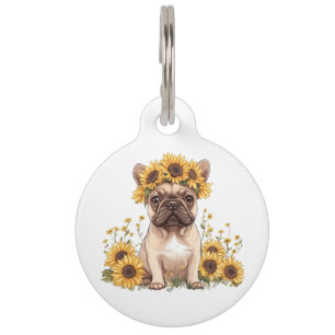 Französische Bulldogge umgeben von Sonnenblumen Haustiermarke
