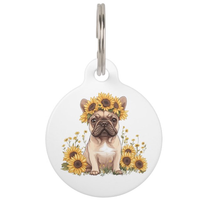 Französische Bulldogge umgeben von Sonnenblumen Haustiermarke (Vorderseite)