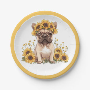 Französische Bulldogge umgeben von Sonnenblumen Pappteller