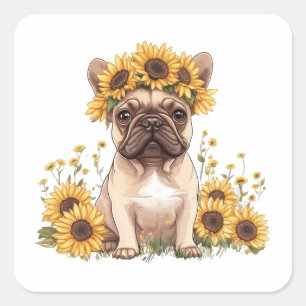 Französische Bulldogge umgeben von Sonnenblumen Quadratischer Aufkleber