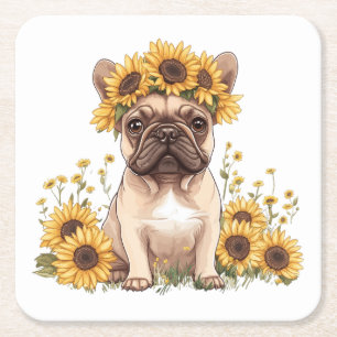 Französische Bulldogge umgeben von Sonnenblumen Rechteckiger Pappuntersetzer