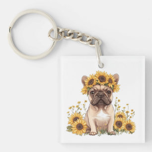 Französische Bulldogge umgeben von Sonnenblumen Schlüsselanhänger
