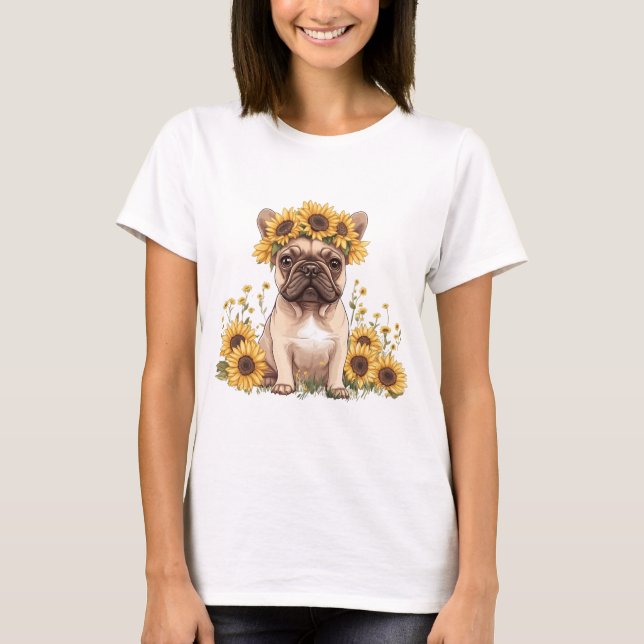 Französische Bulldogge umgeben von Sonnenblumen T-Shirt (Vorderseite)