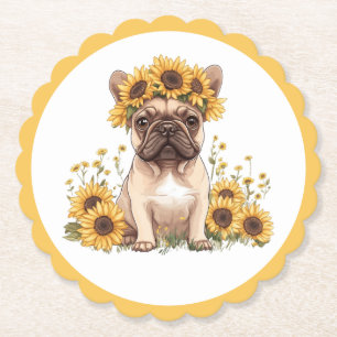 Französische Bulldogge umgeben von Sonnenblumen Untersetzer