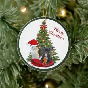 Französische Bulldogge und Katze Weihnachtsbaumsch Keramik Ornament