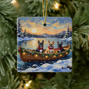 Französische Bulldogge Weihnachten Boot Urlaub Keramikornament