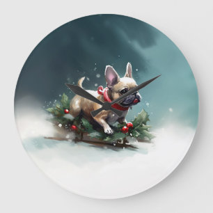 Französische Bulldogge Weihnachten Schnee Winter Große Wanduhr