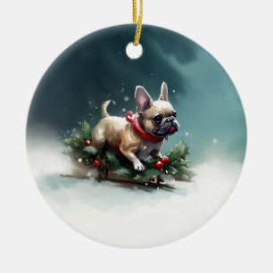 Französische Bulldogge Weihnachten Schnee Winter Keramik Ornament