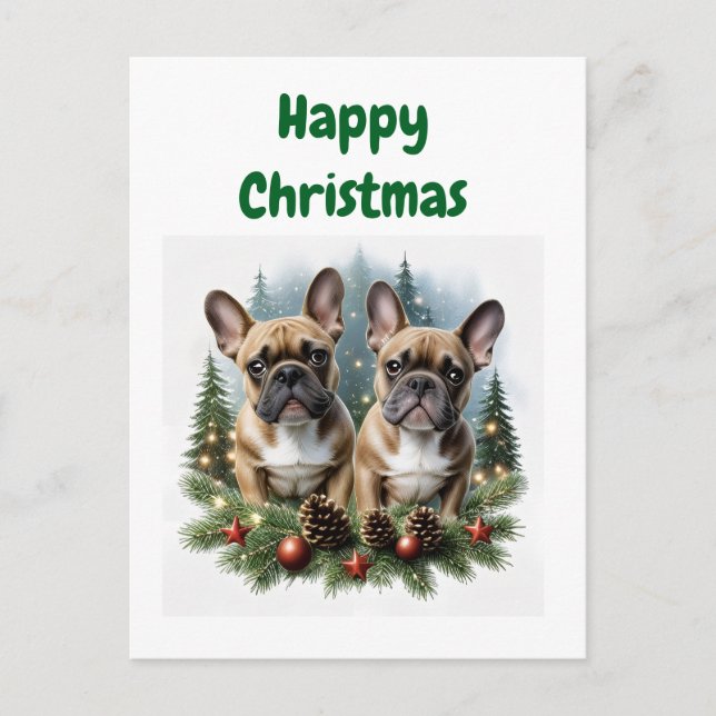 Französische Bulldogge  Weihnachtskranz Bulldog Postkarte (Vorderseite)