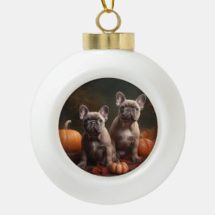 Französische Bulldogge Welpe Herbstfreude Kürbis Keramik Kugel-Ornament