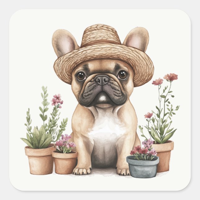 Französische Bulldoggen Gartenmöbel für Blume Quadratischer Aufkleber (Vorderseite)