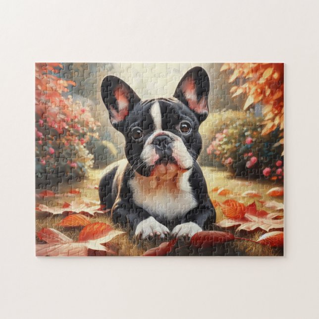 Französische Bulldoggen Herbstblätter Puzzle (Horizontal)