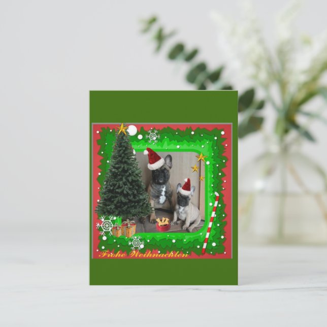 Französische Bulldoggen Weihnachten French Bulldog Postkarte (Stehend Vorderseite)