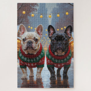 Französische Bulldoggen Weihnachten Schnee Urlaub Puzzle