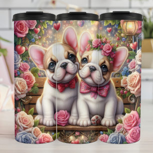 Französische Bulldoggen-Welpen-Rosengarten-Wrap Thermosbecher