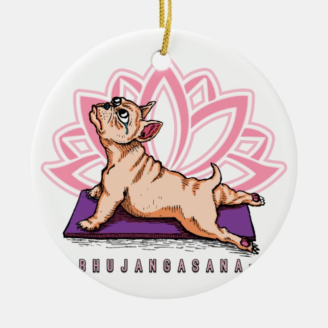Französische Bulldoggen-Yoga - Bhujangasana Pose - Keramik Ornament (Vorne)