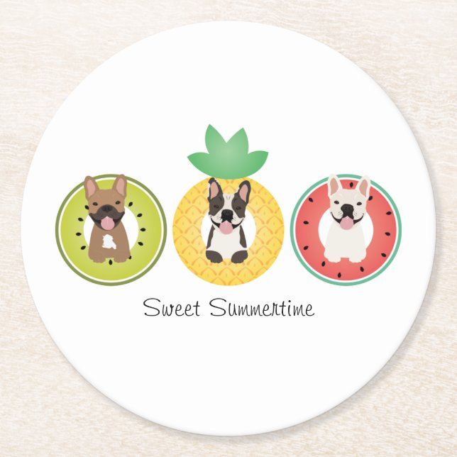 Französische Bulldogs in Fruit Pool Floats Runder Pappuntersetzer (Vorderseite)