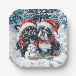 Französische Bulldogs und Snowman Weihnachten Pappteller