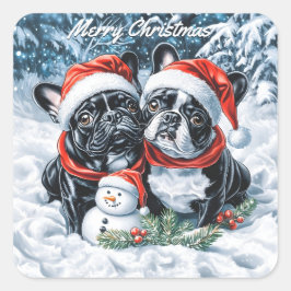 Französische Bulldogs und Snowman Weihnachten Quadratischer Aufkleber