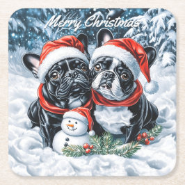 Französische Bulldogs und Snowman Weihnachten Rechteckiger Pappuntersetzer