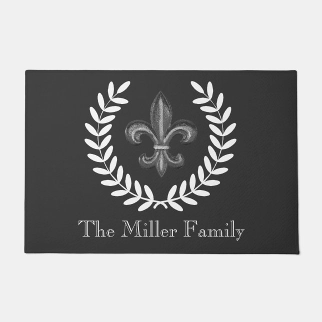 Französische Chateau-Silber-Lilie u. weiße Lorbeer Fußmatte (Vorderseite)