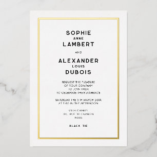 Französische Chic-Minimal-Goldgrenzenhochzeit Folieneinladung