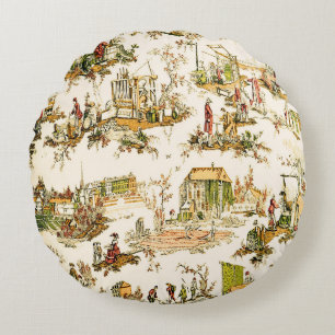 Französische Creme-Toile Chinoiserie Stil Rustikal Rundes Kissen