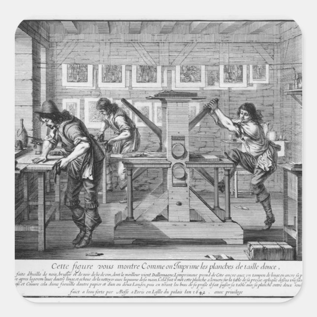 Französische Druckerpresse, 1642 Quadratischer Aufkleber (Vorderseite)