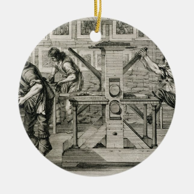 Französische Druckmaschine, 1642 (Stich) Keramik Ornament (Vorne)