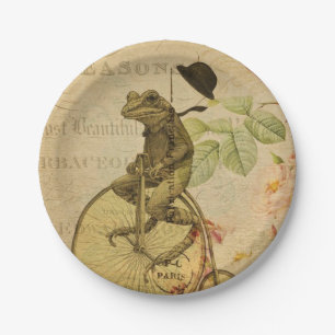 Französische Ephemera Frog Riding Bicycle Rose Pappteller