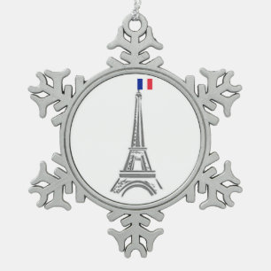 Französische Flagge Eiffelturm Paris Weihnachtssch Schneeflocken Zinn-Ornament
