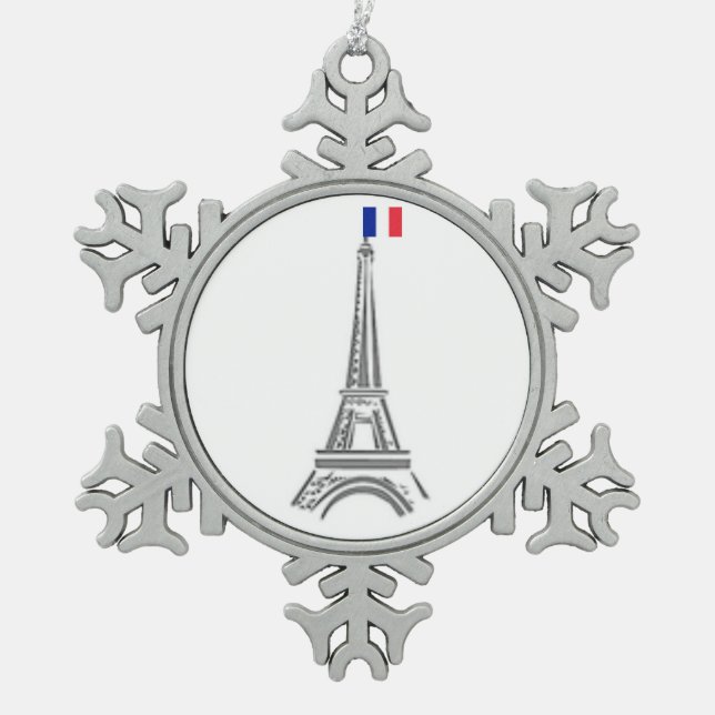 Französische Flagge Eiffelturm Paris Weihnachtssch Schneeflocken Zinn-Ornament (Vorderseite)