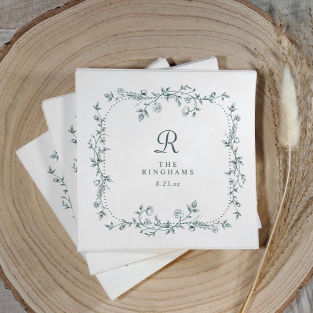 Französische Floral Smaragdgrüne Monogramm-Hochzei Serviette (Personalized emerald green napkin with vintage French floral frame design)