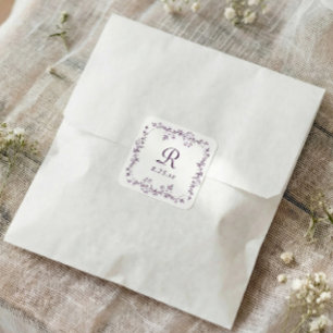 Französische Florale Aubergine Lila Monogramm-Hoch Quadratischer Aufkleber