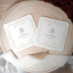 Französische Florale Beige Braune Vintage Monogram Rechteckiger Pappuntersetzer