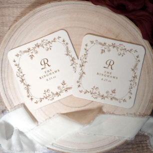Französische Florale Braune Creme Vintage Monogram Rechteckiger Pappuntersetzer