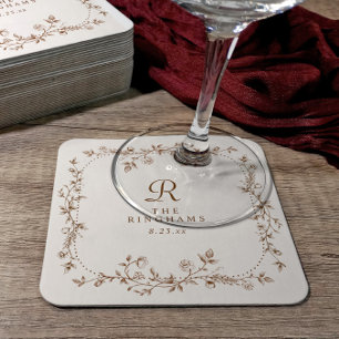 Französische Florale Braune Creme Vintage Monogram Rechteckiger Pappuntersetzer