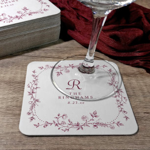Französische florale dunkelrote Wein-Monogramm-Hoc Rechteckiger Pappuntersetzer