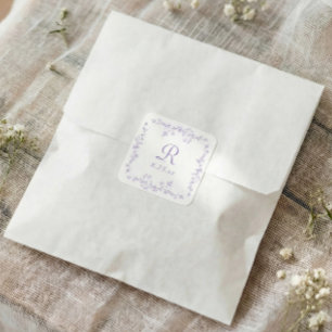 Französische Florale Lavendel Lila Monogramm Hochz Quadratischer Aufkleber