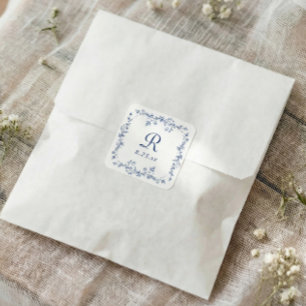 Französische Florale Navy Blau Vintage Monogramm H Quadratischer Aufkleber