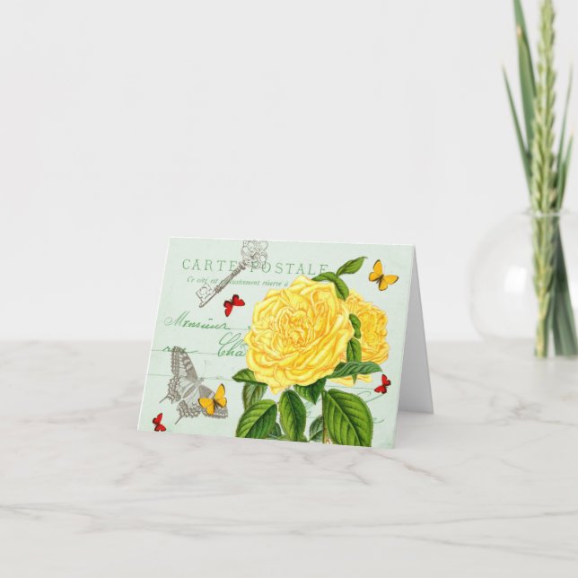 Französische florale Vintage Karte mit schöner Ros (Vorderseite)