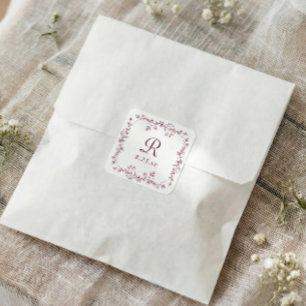Französische florale Weinrote Vintage-Monogramm-Ho Quadratischer Aufkleber