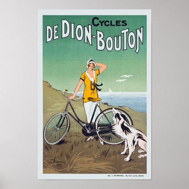 Französische Frau W/Bicycle & Dog by The Beach Vin Poster (Vorne)