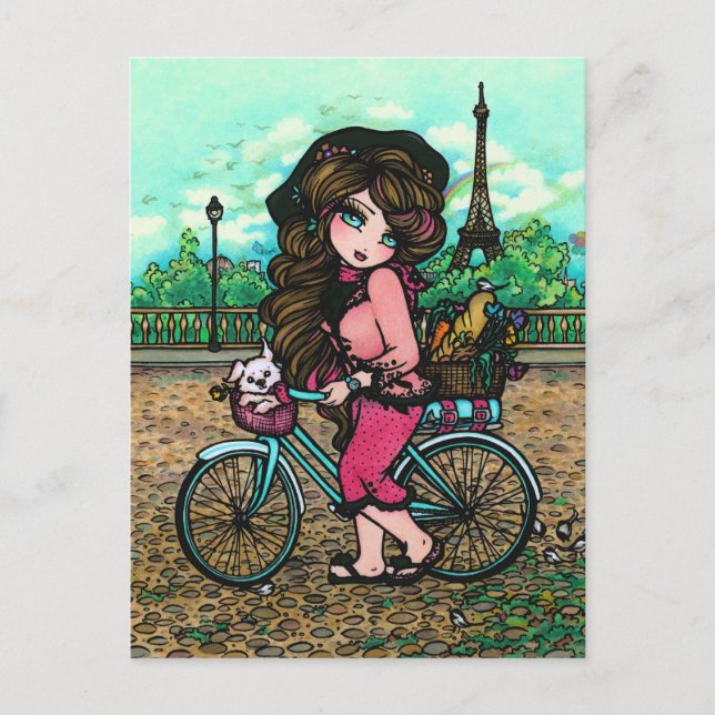 Französische Girl & Puppy Paris Bicycle Art Postka Postkarte (Vorderseite)