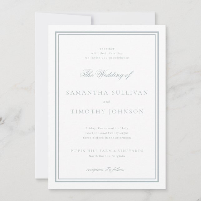 Französische Gray Blue Classic Border Wedding Einladung (Vorderseite)