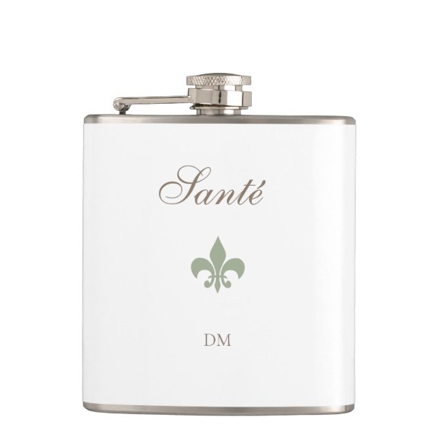 Französische Grüne Lilie Santé Monogram Wedding Flachmann (Vorderseite)